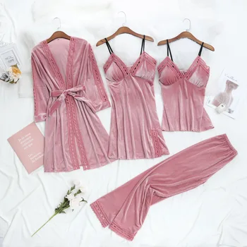 

Velvet Women Hollow Pajama Suit Winter Keep Warm Home Wear Thick Female Kimono Robe Sleep Clothing Noble 4PCS Pijama Pyjama Set