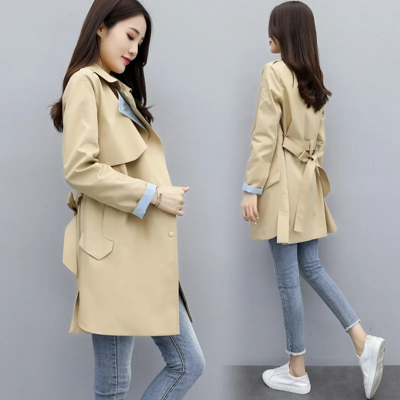 

2019 Autumn Mid-length Polo Collar Double Breasted Long Sleeve Solid Color Slim Fit Lace-up Trench Coat Women's