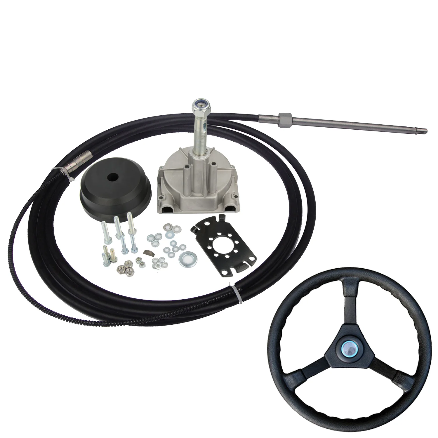 14FT Boat Steering System Single Turbine Rotating W/ Marine Steering Wheel Cable