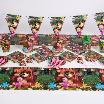 

64Pcs Cartoon Masha And Bear Theme Disposable Tableware Sets Children's Day Celebration Kids Birthday Decoration Event Supplies