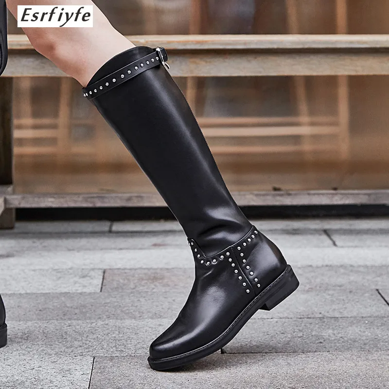 

ESRFIYFE 2020 New Genuine Leather Big Size Thick Handsome Long Boots Med Heel Round Toe Women Keep Warm Riding Knee-high Boots
