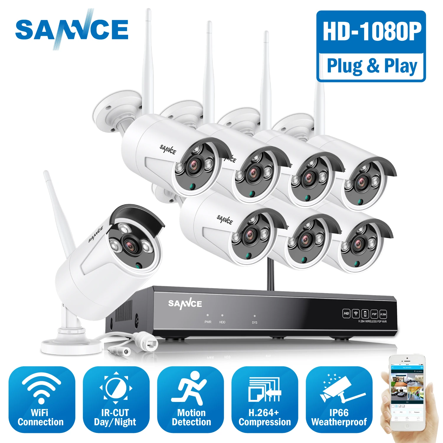 

SANNCE 8CH HD 1080P Wireless Video Security System HDMI NVR With 4X 6X 8X 1080P Outdoor Weatherproof WIFI IP Camera Kit CCTV Set