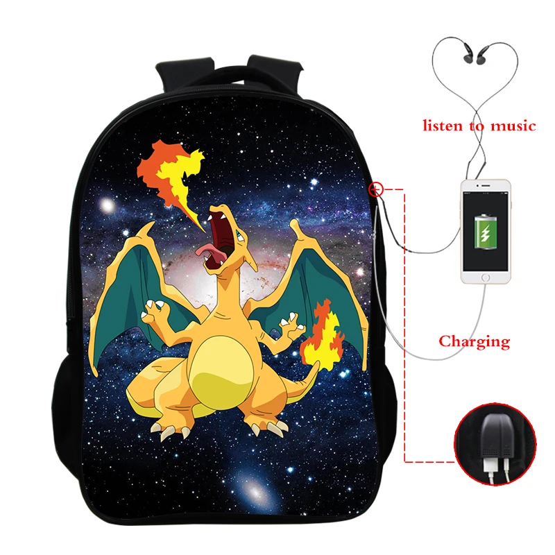 Galaxy Charizard рюкзак с зарядкой через Usb 16 дюймов Pokemon дорожные сумки через плечо Водонепроницаемая школьная сумка для мальчиков и девочек