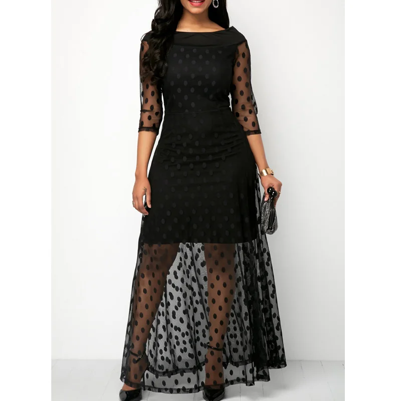 

Long Maxi Dress 2020 Elegant Women Black A-Line Dot Mesh Patchwork Party dress