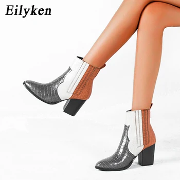 

Eilyken Women Black Ankle Boots Pu Leather High Heel Shoes Female Autumn Square Heels Platform Round Toe Boots size 36-43