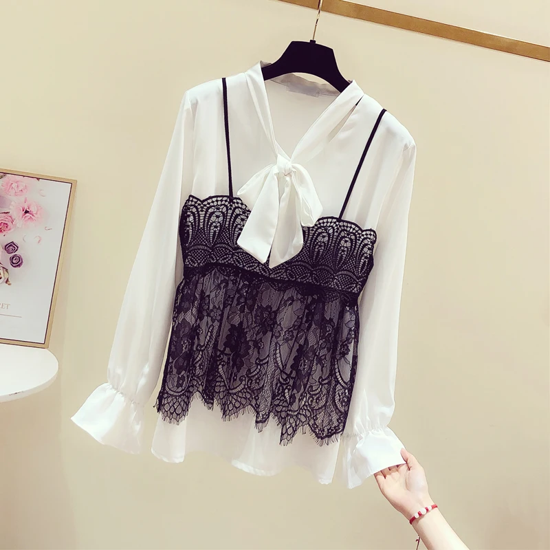 

Lace Camis Top + Bow Lace-up Shirt Women's 2020 Spring Clothing New Fashion Tops and Blouses Blusas Mujer De Moda 2020 Lady
