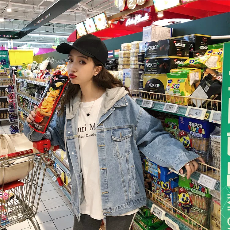 Patchwork Two Piece Style Hooded Hat Button Loose Vintage Denim Jacket Tracksuit Jean Women Man Autumn Winter Coat Windbreaker