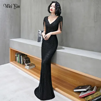 

wei yin AE0224 Black Little Mermaid Evening Dresses Long Elegant V Neck Short Sleeve Sequined Formal Party Gown Robe Longue