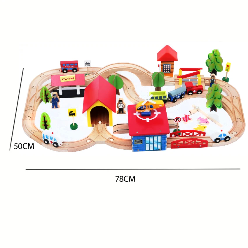 

69Pcs Wooden Train Railways Track Scene Set for Children Wooden Track Toy Compatible with Wood Track and Electric Train Wood Car