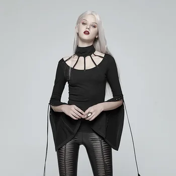 

PUNK RAVE Women's Goth Bat Messenger Knitted Long Sleeves T-shirt Metal Open-Fork Cross Sleeves Tassel Pu Leather Hollow Out Top