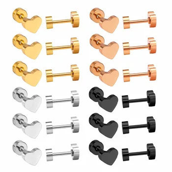 

12Pairs/lot Wholesale Stainless Steel Screw Earrings Mix Color Heart shape Women Fashion Earrings Lots Jewellery