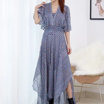 

Women Irregular Short-sleeved Midi Dress V-neck Slim Print Female Sexy Holiday Dresses 2020 New