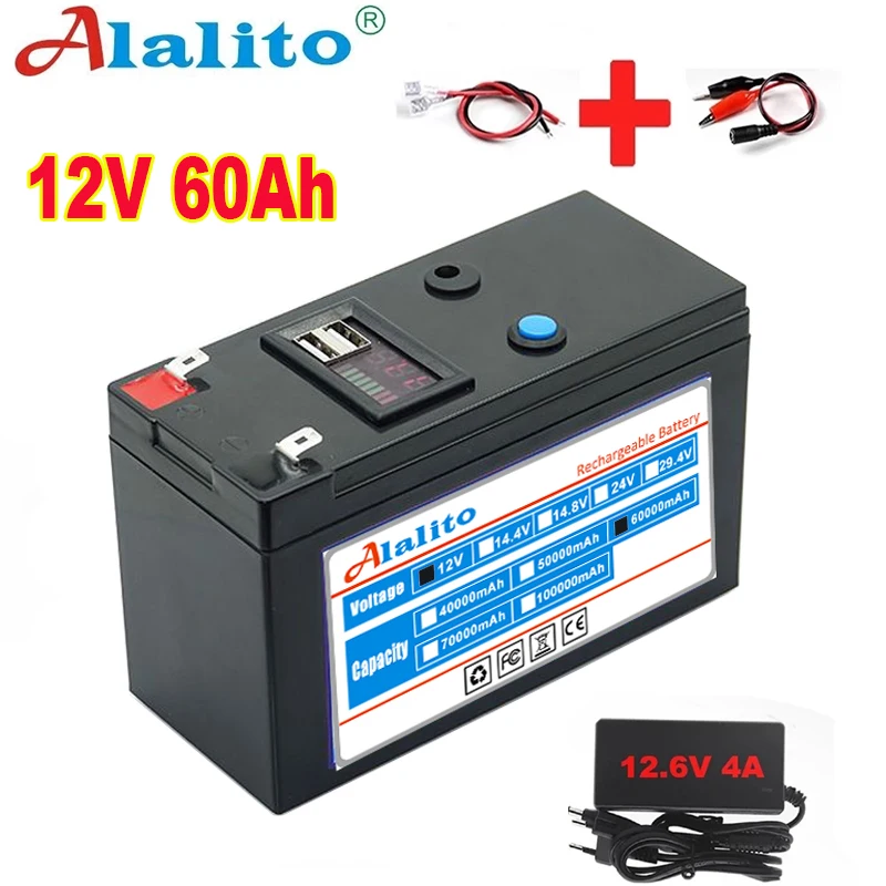 Новый USB-дисплей мощности 12 в 60 Ач 18650 литиевый аккумулятор подходит для солнечной