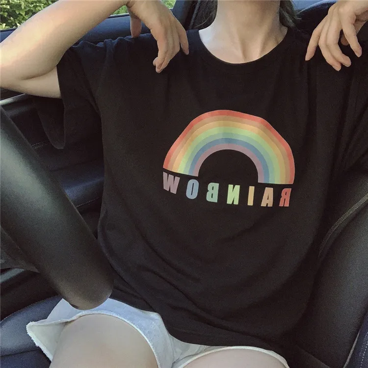 Harajuku Радужная Женская Черная Футболка уличная Tumblr Heated Graphic Femme футболки Kawaii с коротким рукавом забавные винтажные футболки