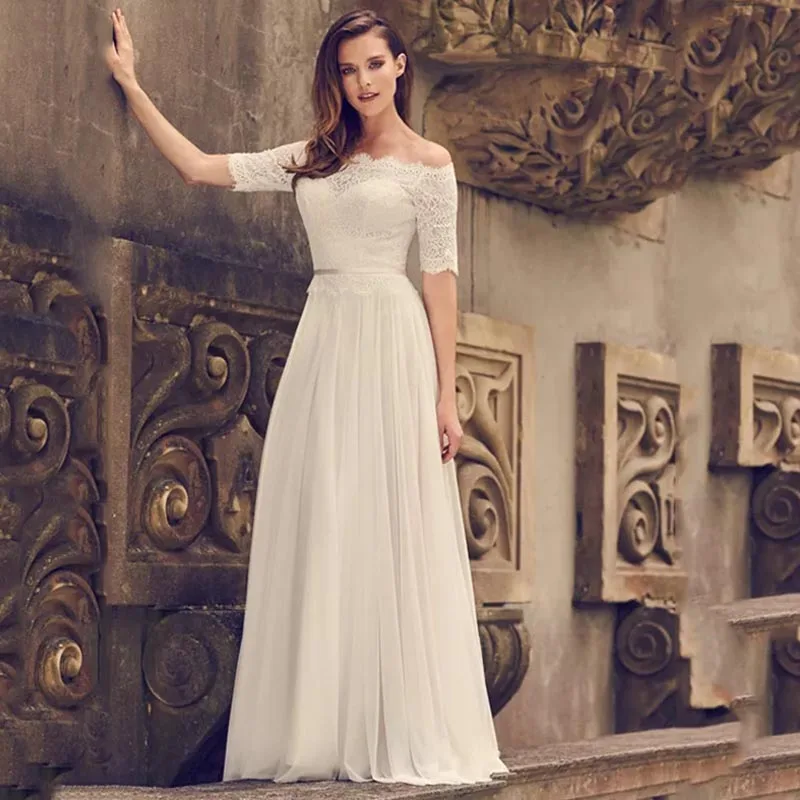 

Eightree Lace Top Half Sleeve Wedding Dress Off the Shoulder Sweetheart Sheer Wedding Gowns A Line Bridal Dress 2019 Waist Belt