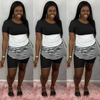 

ZKYZWX Plus Size Striped 2 Piece Set Women Tracksuit Summer Clother Top Biker Shorts Sweat Suits Two Piece Outfits Matching Sets