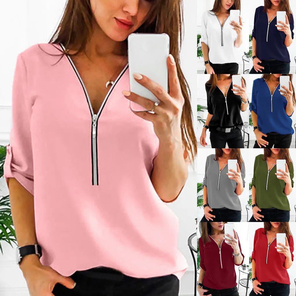 De talla grande de moda Blusa de gasa camisa cremallera Tops con cuello en V camiseta Casual otoño Tops damas mujer manga larga Blusas Jersey