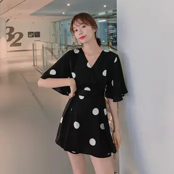 

Summer Women Outfits Workwear Batwing Sleeve Elegant Dot Print V-Neck Sashes Tunic Slimming Dress & Shorts Two-Piece Style Sets