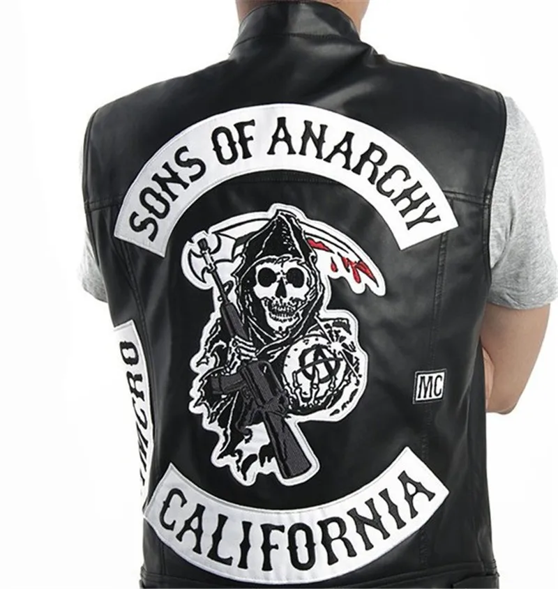 Соны анархии вышивка кожа рок панк-жилет косплей костюм мотоцикл без рукавов куртка Мужская Рок жилет клуб жилет - Цвет: B