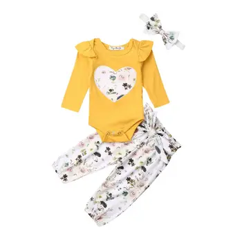 

0-18M Cute Newborn Baby Boy Girl Long Sleeve Heart Cotton Bodysuit Tops Floral Long Pant Headband 3PCS Baby Clothing Set