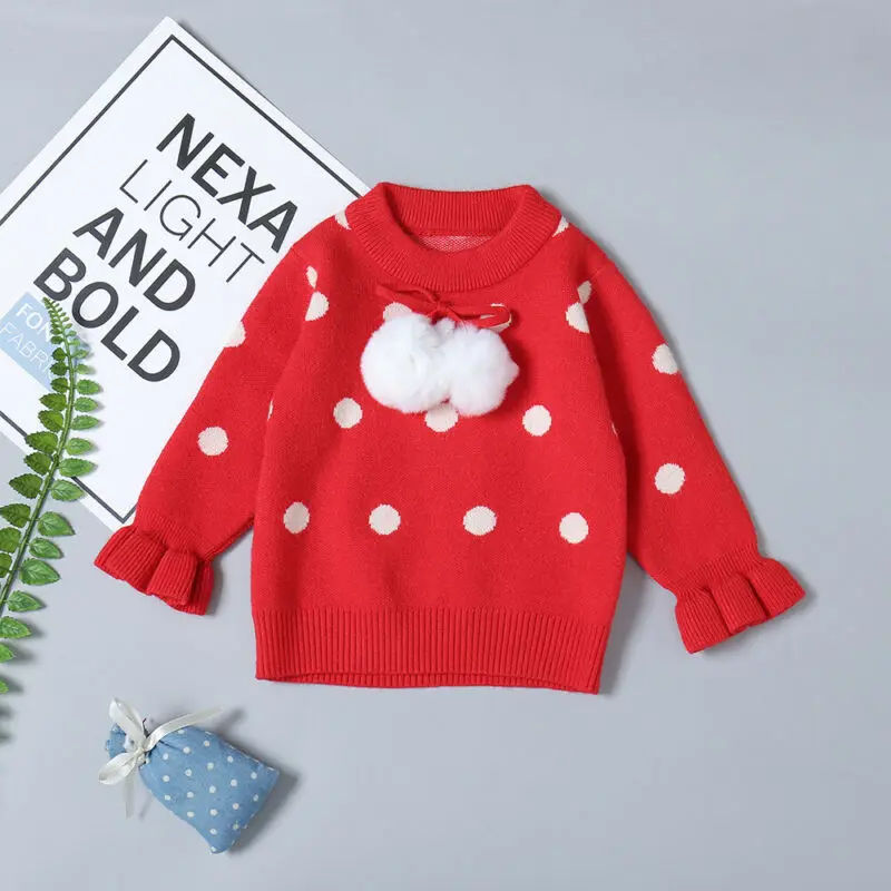 Рождественский свитер в горошек для маленьких девочек, детский пуловер, детская верхняя одежда, Осенние теплые свитера