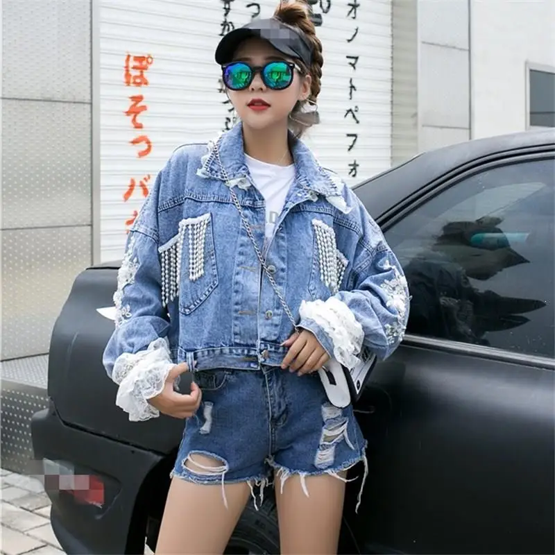 

Women Autumn Lace Stitching Denim Jacket Casual Embroidery Beads Short Jean Coat Loose Turn-Down Collar Denim Coat