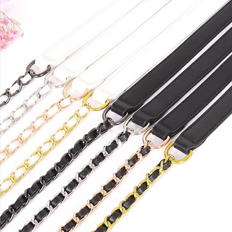 100/120cm Bag Metal Chain Leather Bag Strap Accessories For Handbags Black Leather Chain Shoulder Straps Bag Strap For Crossbody