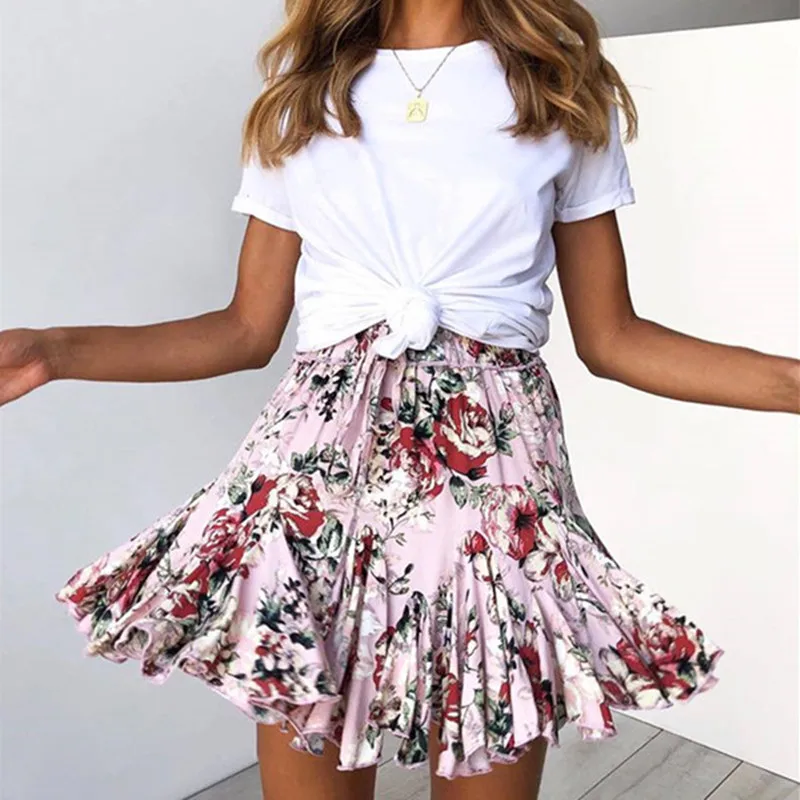 

Sweet Floral Mini Pleated Skirt Sexy Summer Spring Saia Plissada Kawaii A Line Ruffle Leopard Short Skirts 7 Colors Rokjes Dames