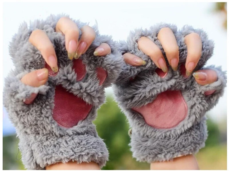 Женские зимние перчатки без пальцев, пушистые плюшевые перчатки с медвежьими когтями и когтями, мягкие женские перчатки без пальцев