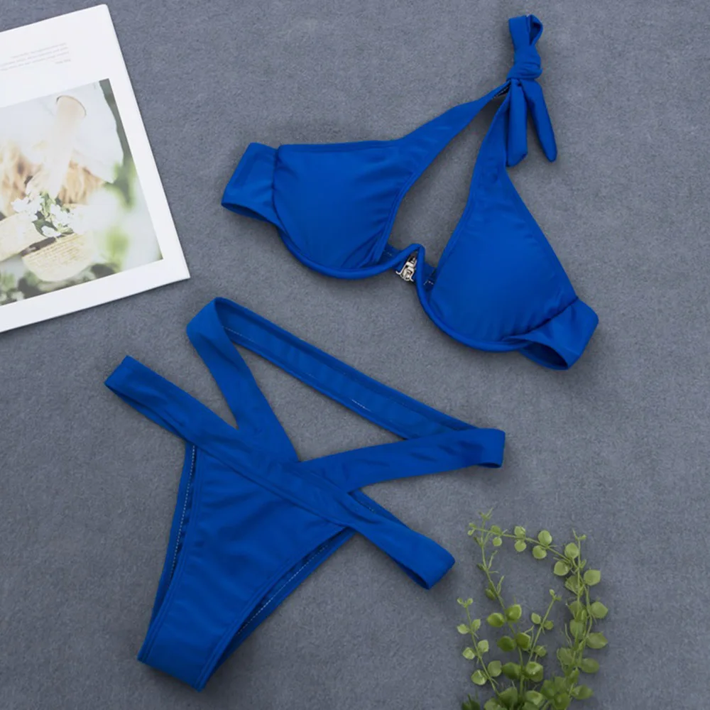 

New Swimsuit Solid Bikini Set 2019 Swimwear String Bathing Suit Push Up May Women Bathers Hollow Maillot