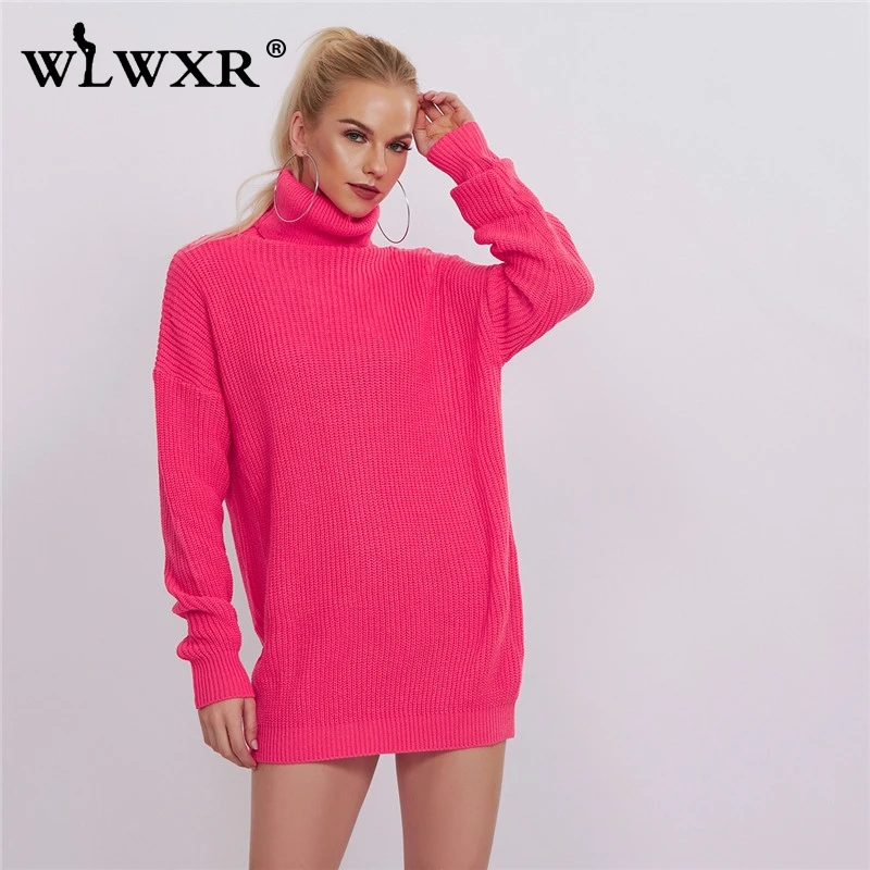 WLWXR, вязаный свитер, сексуальное Клубное платье, Женская водолазка, неоновое, розовое, черное, свободное мини-платье, Осень-зима, женские короткие платья для вечеринок
