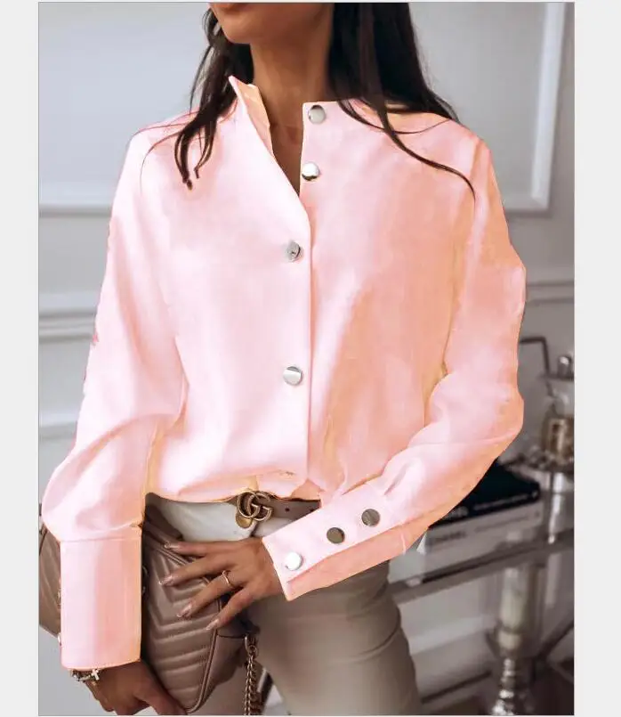 Camisa de manga larga con botones para mujer, blusa de color liso, Estilo Vintage, informal, de talla grande, para oficina, 2021