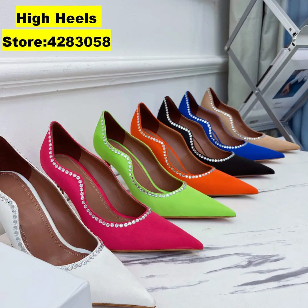 

Casual Designer Women Pumps Black Satin Genuine Leathe Crystal Pointy Toe High Heels Stiletto Stripper Bride Wedding Shoes