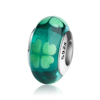 

New design green four leaf clover Murano glass beads diy charms 925 sterling silver fit authentic Pandora bracelet jewelry gift