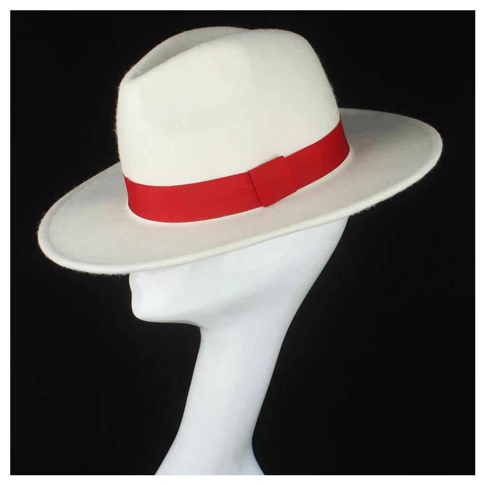 Шерсть аутентичная Женская Белая Шляпа Fedora с красной лентой элегантные женские вечерние шляпка для церкви Панама шляпа чародейная шляпа размер 56-58 см