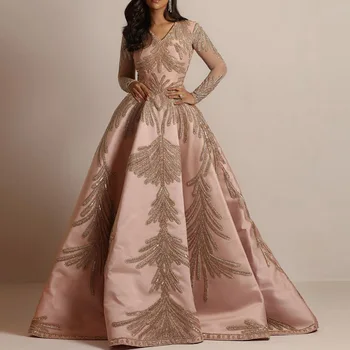 

Golden Embroidery Evening Party Dress V-Neck Draped Long Ball Gown For Women 2020 Spring Autumn Vintage Long Sleeve Prom Robe