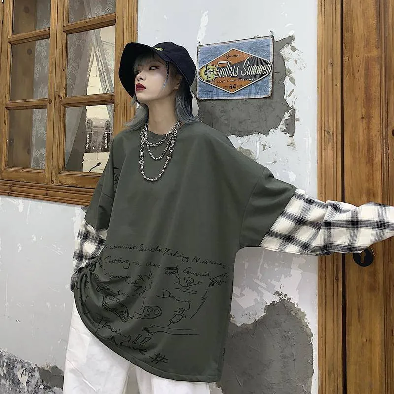 Крутой принт Япония Харадзюку серый хип хоп Футболки женские осенние поддельные из двух частей с длинным рукавом Свободная клетчатая футболка уличная Женская