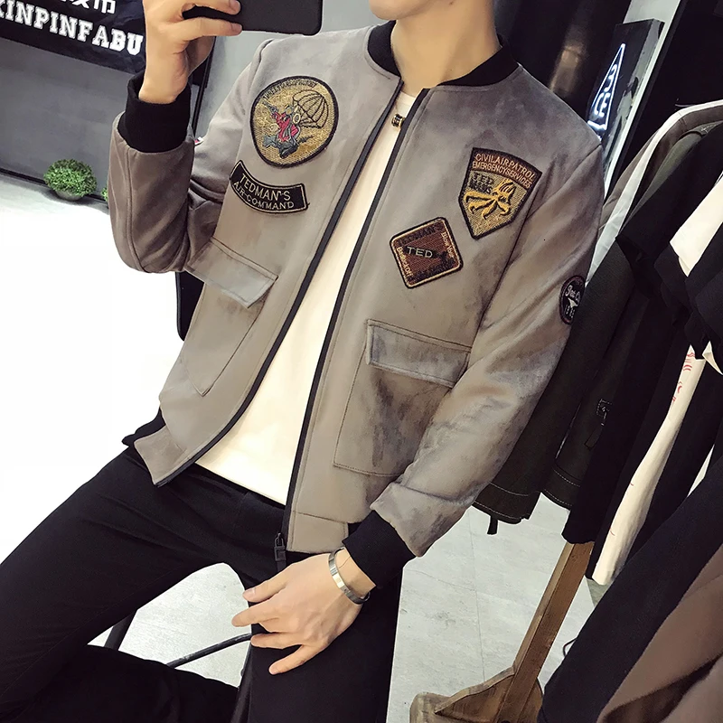 Gray Мужская куртка-бомбер с накладным карманом Ropa Para Hombre повседневные мужские куртки приталенная замшевая куртка мужская черная военный пилот куртка - Цвет: Gray