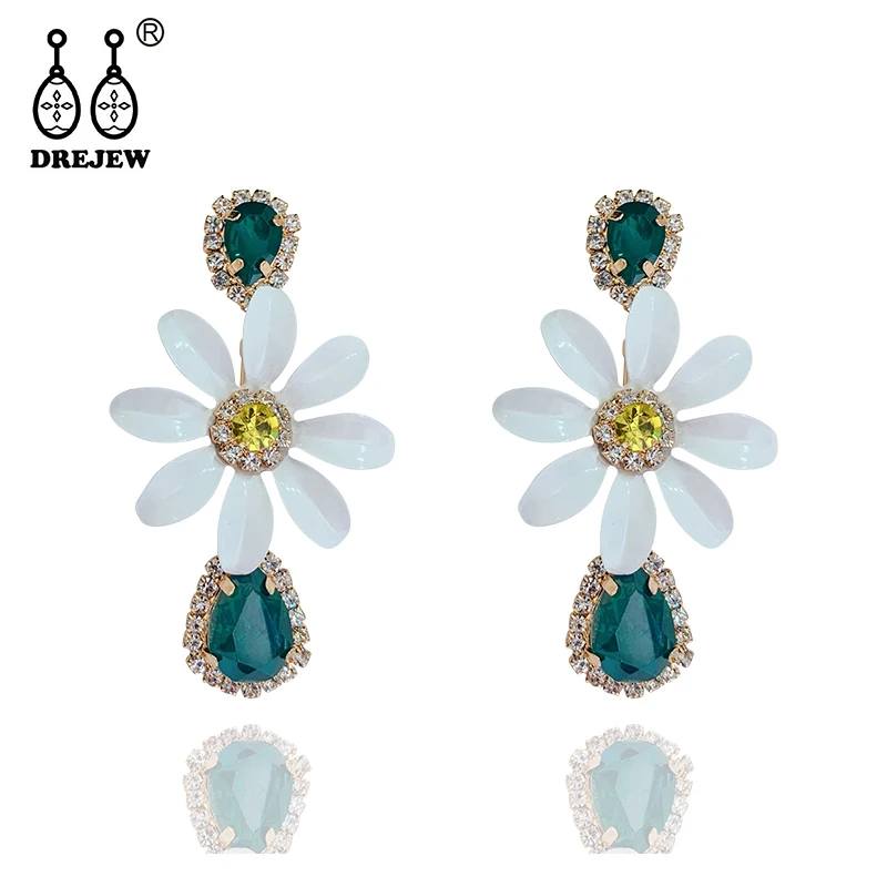 DREJEW Green Rhinestone Zircon White Flower Statement Earrings Fashion Christmas Long Alloy Drop for Women Wedding 1941 | Украшения и