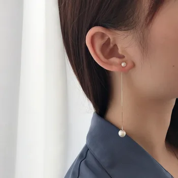 

S925 Fine Silver Women Double Pearl Earring Back-hanging Long Tassels Drop Earrings Ear Stud Elegant Fashion Silver Earrings