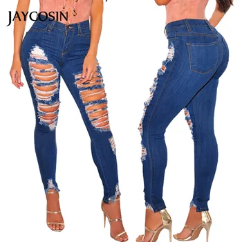 

JAYCOSIN Mom Jeans Plus Size Pocket Hole Cowboy Denim Femme High Waist Sexy Slim Pants Trousers Ripped Jeans For Women 2020 New