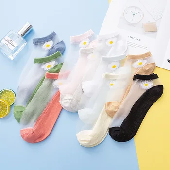 

5pairs/set Thin summer Daisy Socks Flowers embroidery Women Ankle Socks Female Harajuku Woman Short Silk Sock Breathable