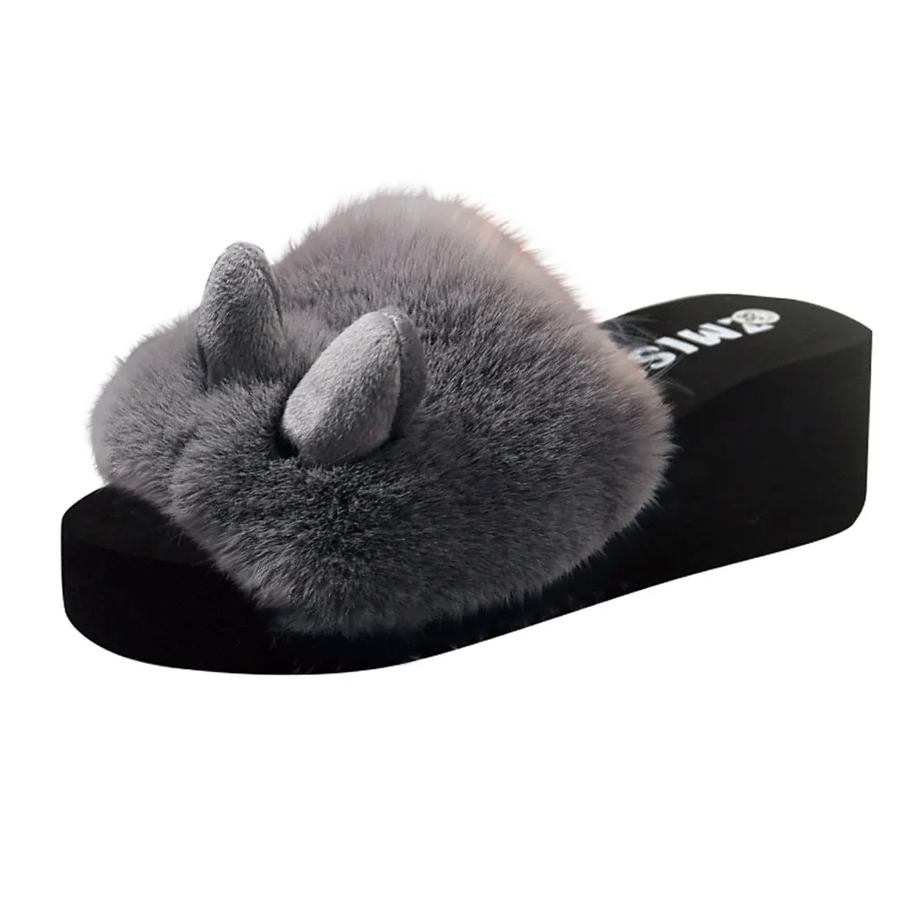 

Beach Rabbit Ear Fur Slippers Women Slides Slip-on Open Toe Wedges Shoes woman Warm Winter Slipper Shoes Dropshipping #THY