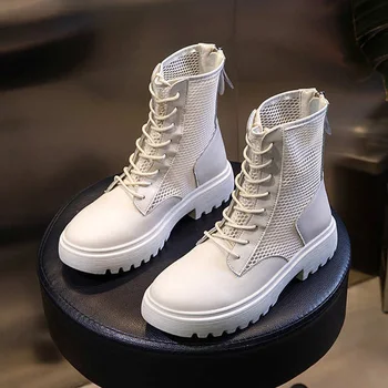 

New Summer Net Short Boots 2020 Wild Casual Breathable Leather Motorcycle Boots Mesh Female Round Head Back Zipper Women's Shoes