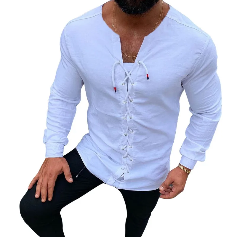 CYSINCOS мужские Повседневное чистый Цвет троса из хлопка и льна рубашки для мальчиков социальных блузки Harajuku круглый вырез, для мужчин белая рубашка с длинным рукавом Костюмы