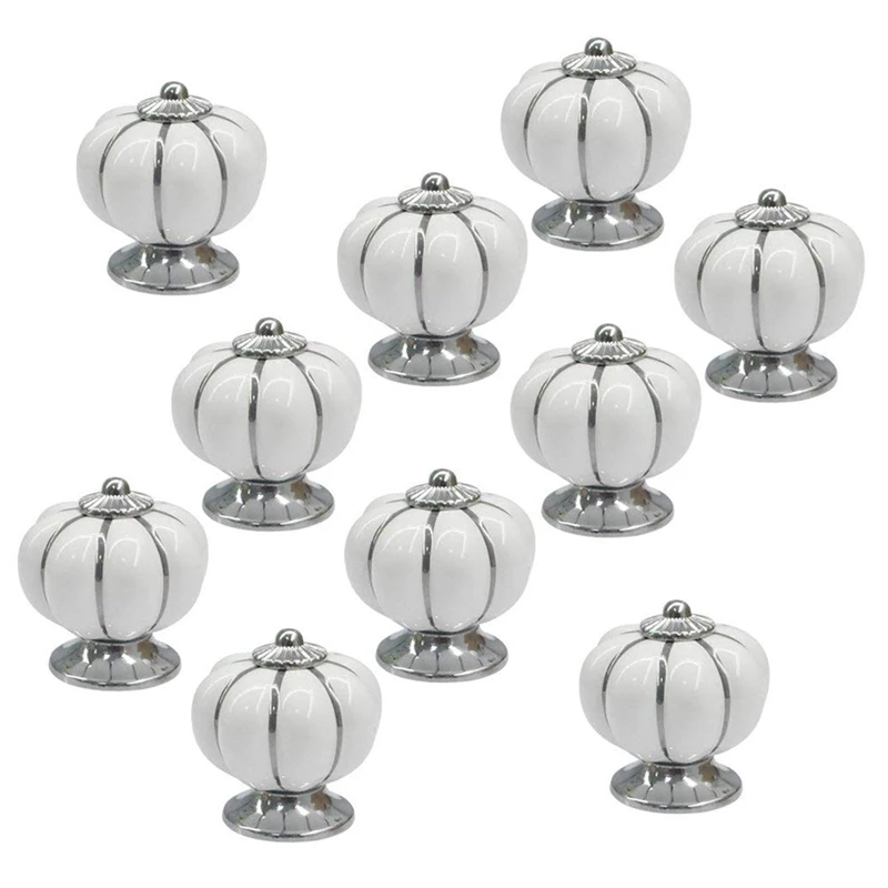 New-10Pcs White Round Ceramic Pumpkin Cabinet and Furniture Knobs Pulls Chrome Finished Base Drawer Handles Door Hardware Knob |