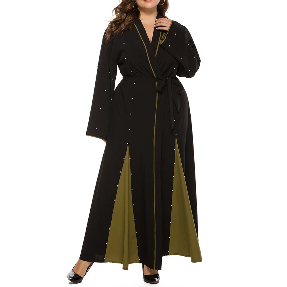 Abaya Jilbab Muslim Maxi Dress Black Beadings Plus Size Kaftan Long Dress Vintage Fashion Islamic Clothings Cardigan Long Robe