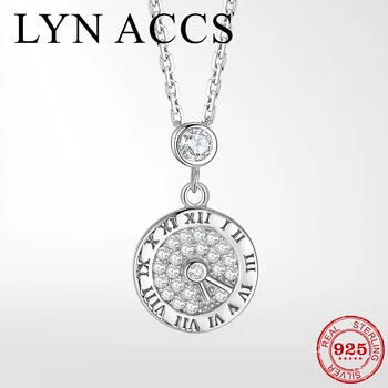 

925 Sterling Silver Clear CZ Classic Design Round Clock Pendant Necklaces for Women Wedding Party Fine Jewelry Femme