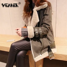 Зимняя женская меховая искусственная замша, кожаная куртка, плотное пальто, верхняя одежда, модное Свободное пальто с пряжкой, мотоциклетная шерстяная куртка, теплая 5XL