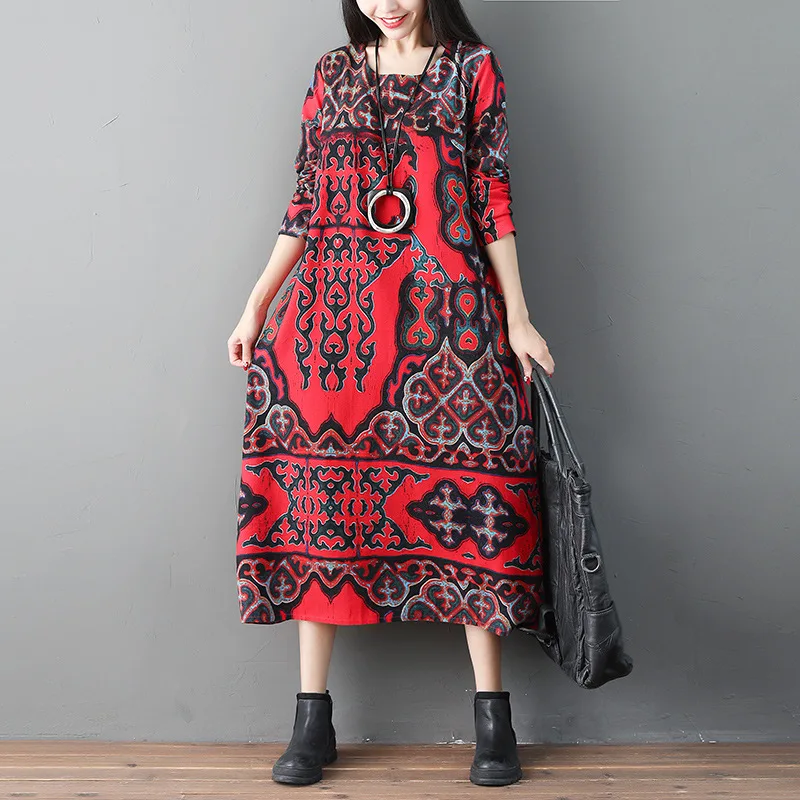 

2019 Autumn Clothing New Style Ethnic-Style Printed Long Sleeve Long Skirts Loose And Plus-sized WOMEN'S Dress Cotton Linen Dres